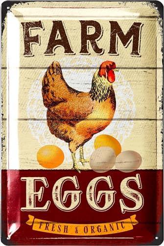 LANOLU Vintage Tin Sign Chicken, Farm Eggs, Decorative Metal Sign, Chicken Lover Gifts, Metal Chicken Signs, Chicken Coop Decorations 12x8", Set of 2