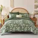 King Size Comforter Set - 7 Pieces Floral Botanical Printed on Green King Comforter Set with Sheets, Soft Lightweight Microfiber Bedding Set for All Season(104"X90")