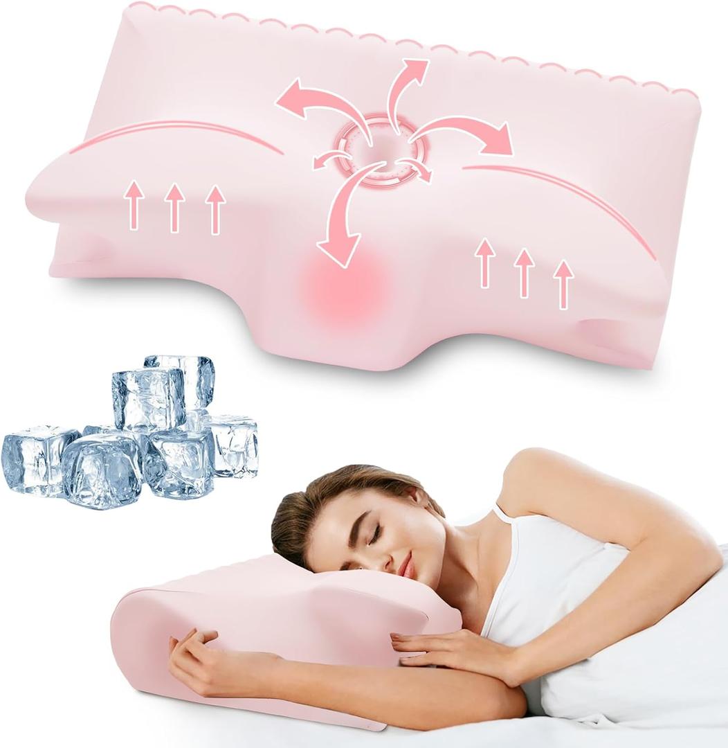 Cervical Pillow for Neck Pain Relief, Cooling Contour Memory Foam Pillows Support Odorless Ergonomic Neck Pillow Adjustable Orthopedic Bed Pillow for Side Back Stomach Sleeper with Pillowcase (Pink)