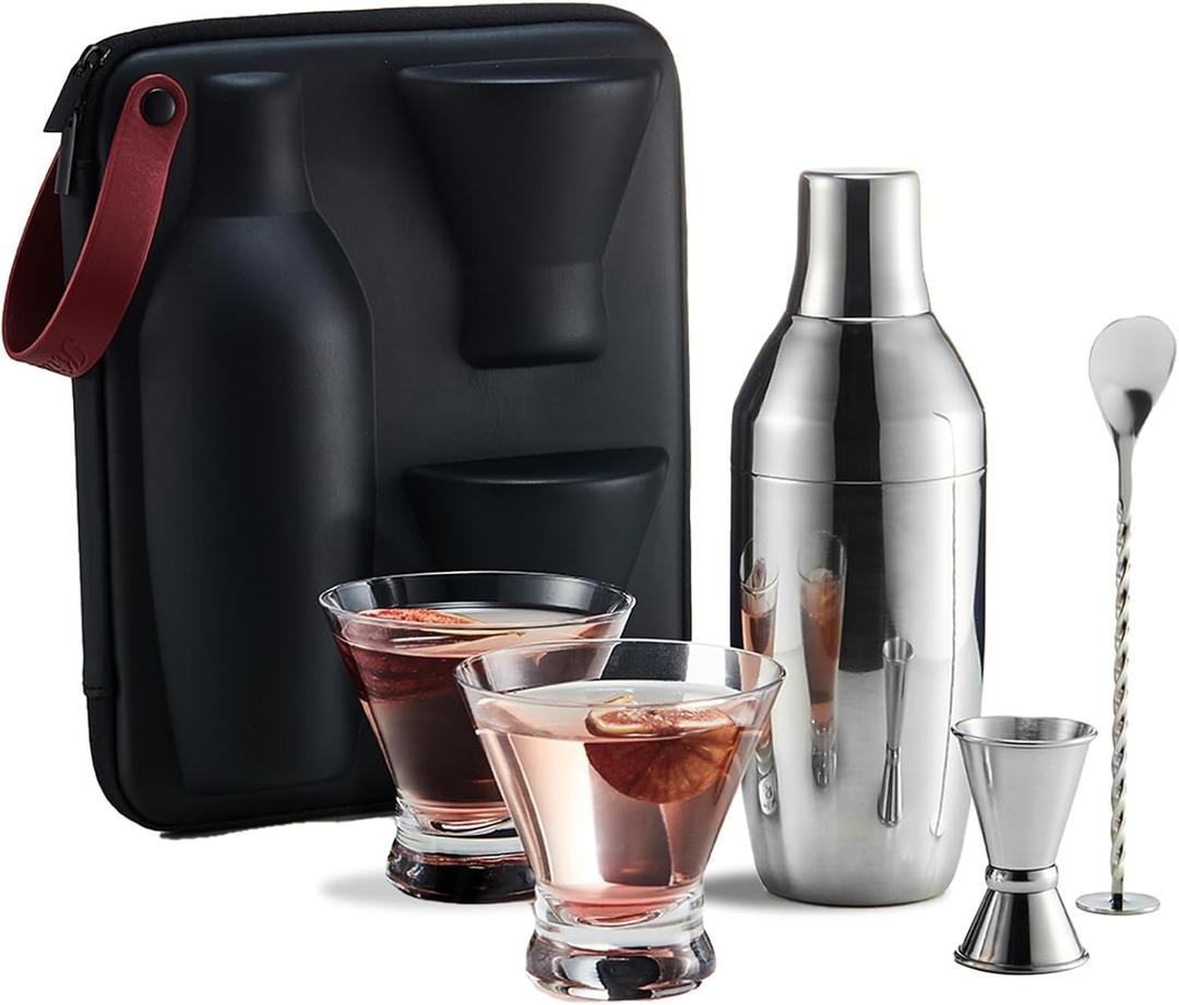 KITESSENSU Cocktail Shaker Set with Carry Case: Vacuum Insulated Martini Shaker with Built-in Strainer, 2 Martini Glasses, Measuring Jigger, Bar Mixing Spoon & Cocktail Recipes, Travel Bar Tool Set