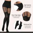 MANZI Womens Faux Thigh High Fishnet Stockings Stitching Opaque Pantyhose Mock Over the Knee Goth Striped Suspender Tights (Black)