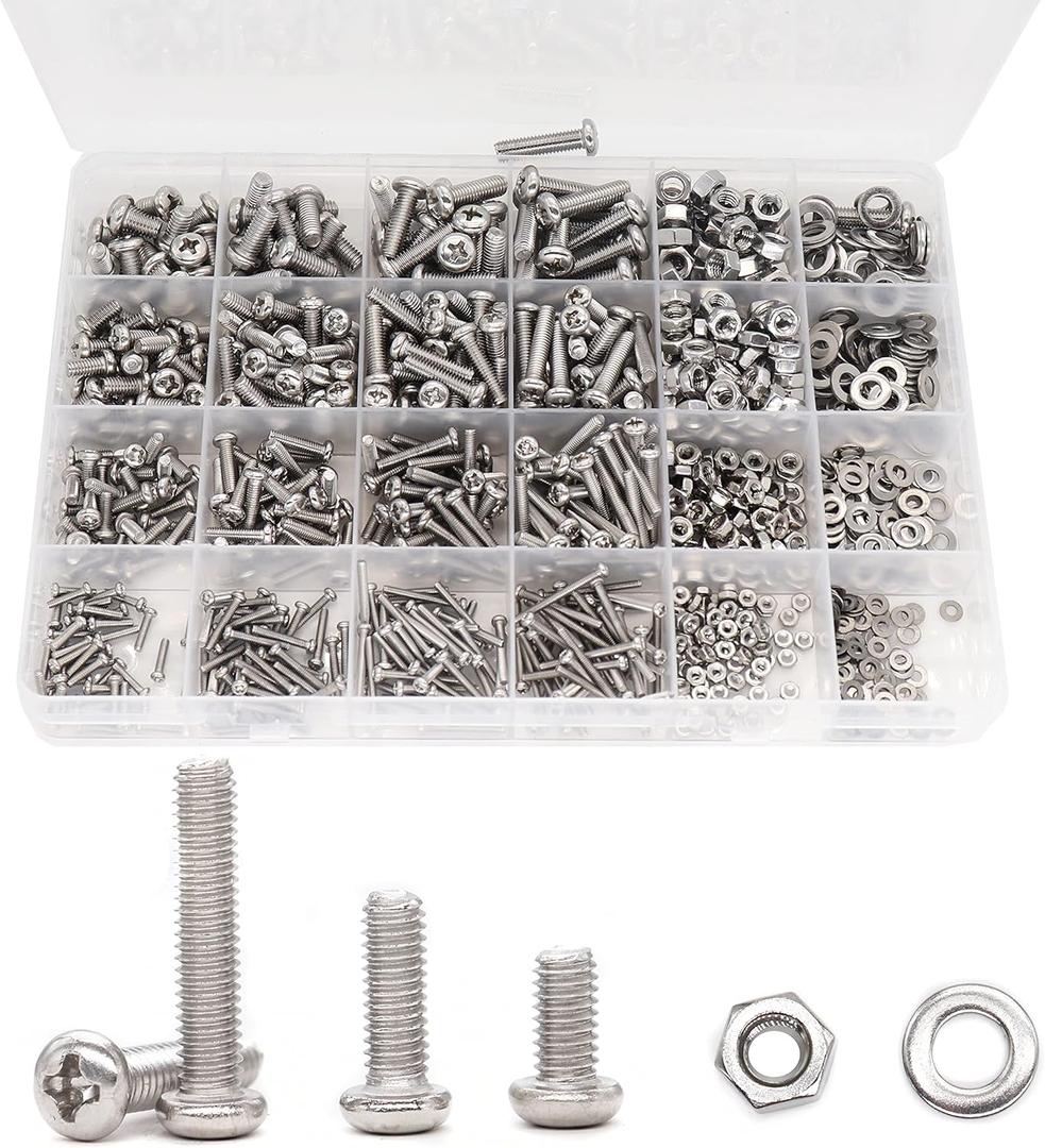 binifiMux 940pcs M2 M3 M4 M5 Hex Nuts Screws Bolts and Washers Assortment Kit, 304 Stainless Steel, Plain Finish, Full Thread