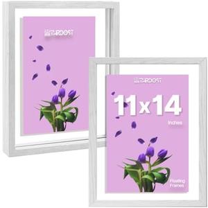THRDOST 11x14 Floating Frames Set of 2– Double Tempered Glass & Solid Engineered Wood Floating Picture Frames –Wall Mount or Tabletop Placement