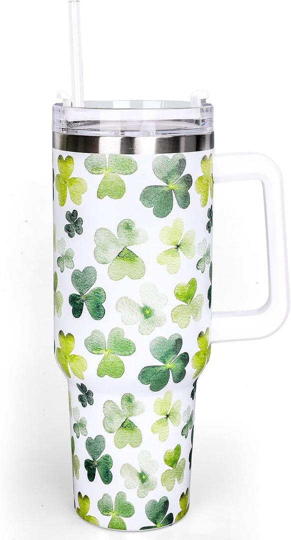 Whaline 40oz St. Patrick's Day Tumbler with Handle Straw and Lid Watercolor Shamrock Travel Tumbler Irish Clover Coffee Cup for Holiday Birthday Party Favors