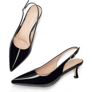 GENSHUO Kitten Heel Slingback Closed Pointed Toe Low Heels Pumps Women 2 Inch Short Strap Dressy Comfortable Wedding Dating Work Shoes Black Patent Size 9