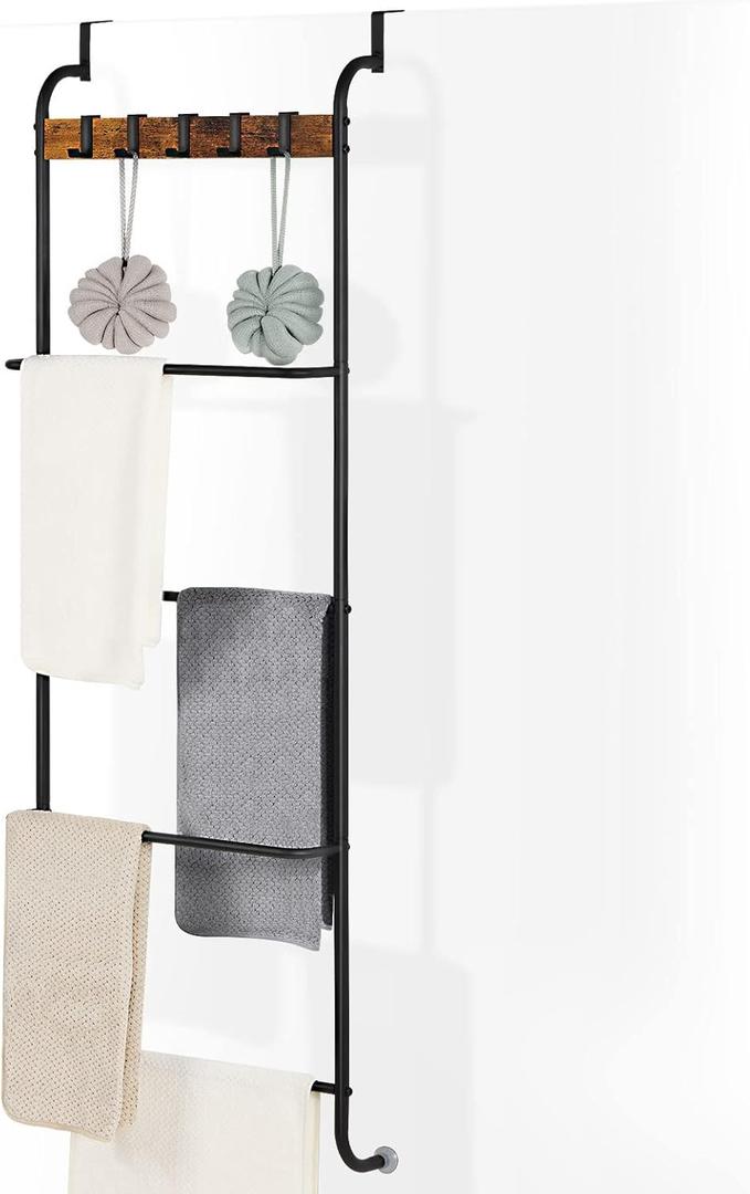 Over The Door Towel Rack Door Rack Hanger Organizer Bathroom Door Rack for Towels Over The Door Hooks with Shelves Behind Door Towel Holder for Livingroom, Back of Door 4 Tier Towel Bar (Black)