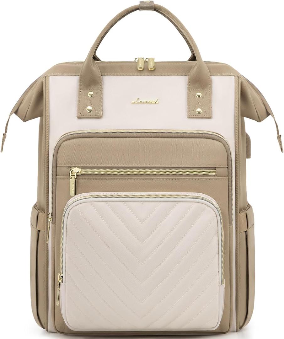 LOVEVOOK 15.6 Inch Laptop Backpack for Women,Travel Work Backpack Purse with USB Port,Large Capacity Nurse Bag Teacher Backpack,Waterproof Casual Daypack Business Computer Bag (Beige Khaki)