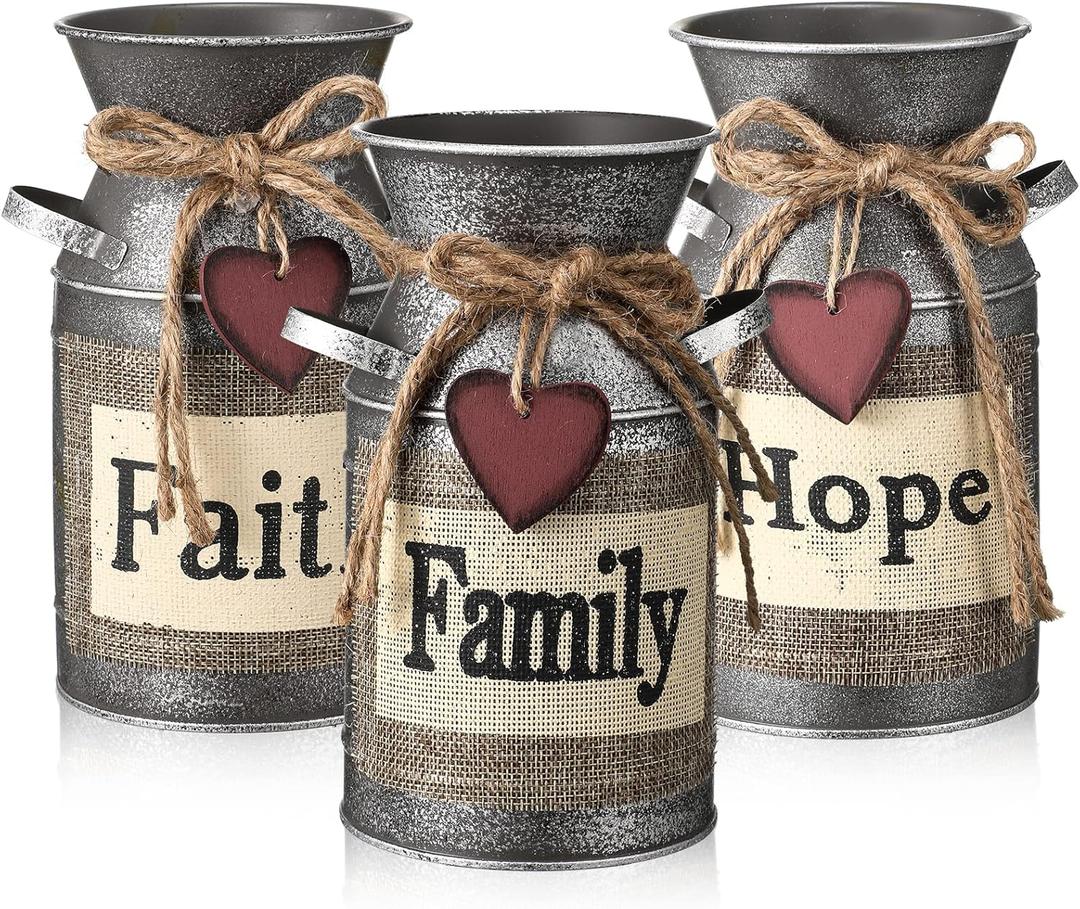 Chengu 3 Pcs 7.5 Inch Rustic Decorative Vase Metal Milk Can Farmhouse Vases Kitchen Decorations Above Cabinets Country Jug Milk Jug for Living Room Bedroom Kitchen Bathroom Table, Hope, Faith, Family