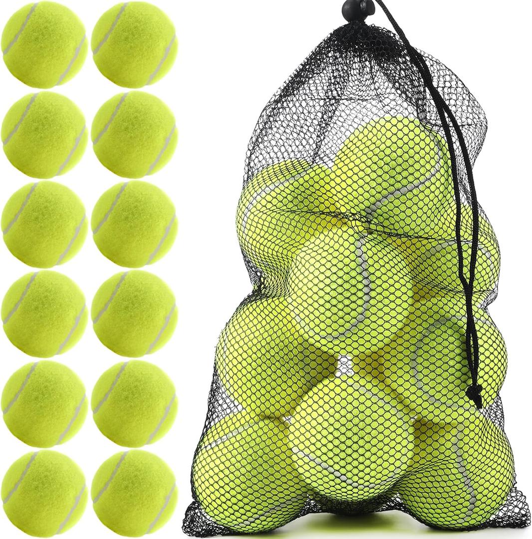 12 Pack Bulk Tennis Balls for Beginner  High Elasticity Practice Tennis Balls, with Mesh Bag for Pet Dog Training, Catching