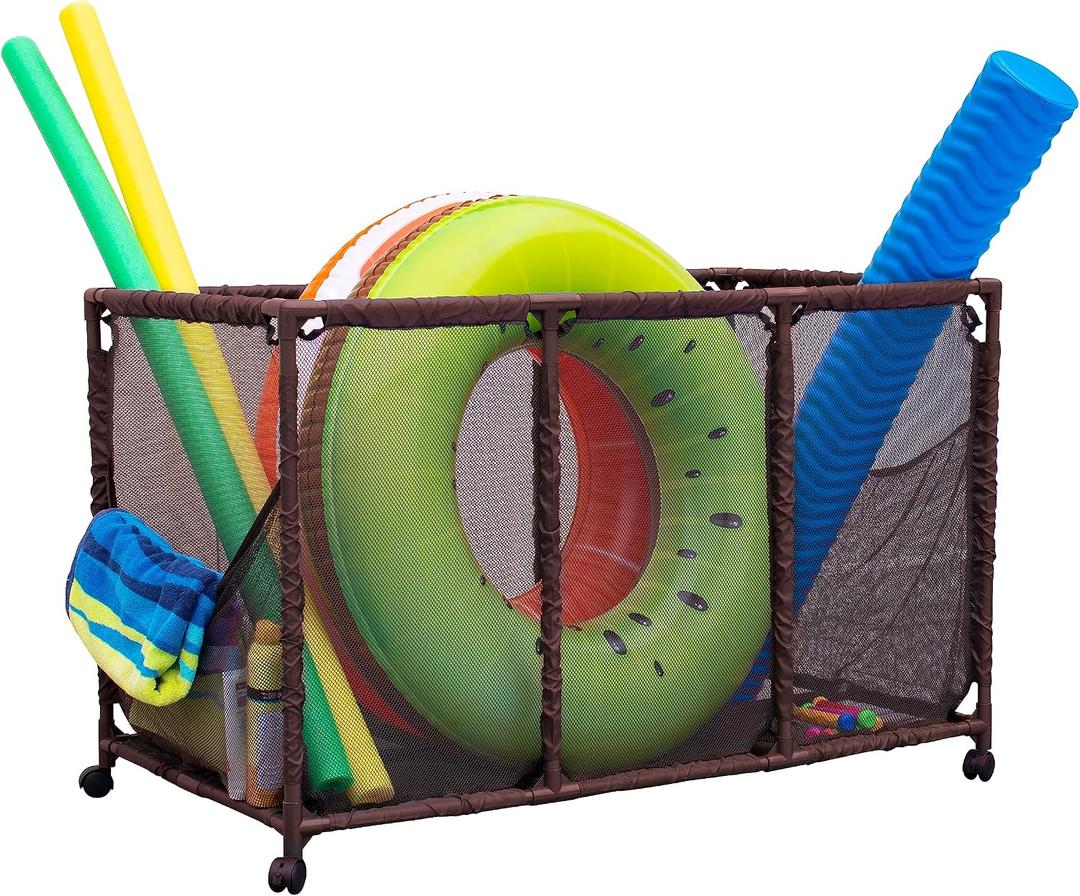 Pool Noodles Holder, Toys, Balls, Floats and Equipment Mesh Rolling Storage Organizer Bin, Kids Height, Large, (43" W x 25" L x 28" H), Brown Style 563009