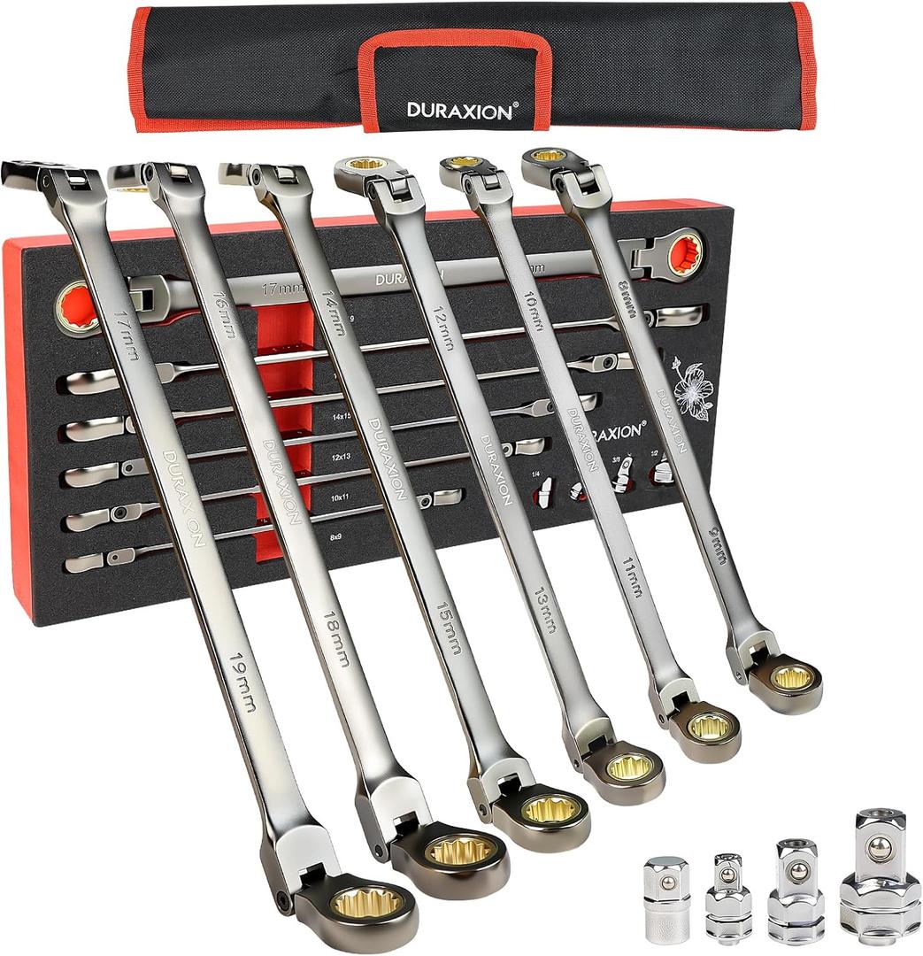Extra Long Flex Head Ratcheting Wrench Set 6PCS Metric (8-19mm)Double Box End Wrench Set 180 Flexible Head CR-V Steel for Tight Engine Bays, with 4PCS Socket Wrench Adapters & Pouch