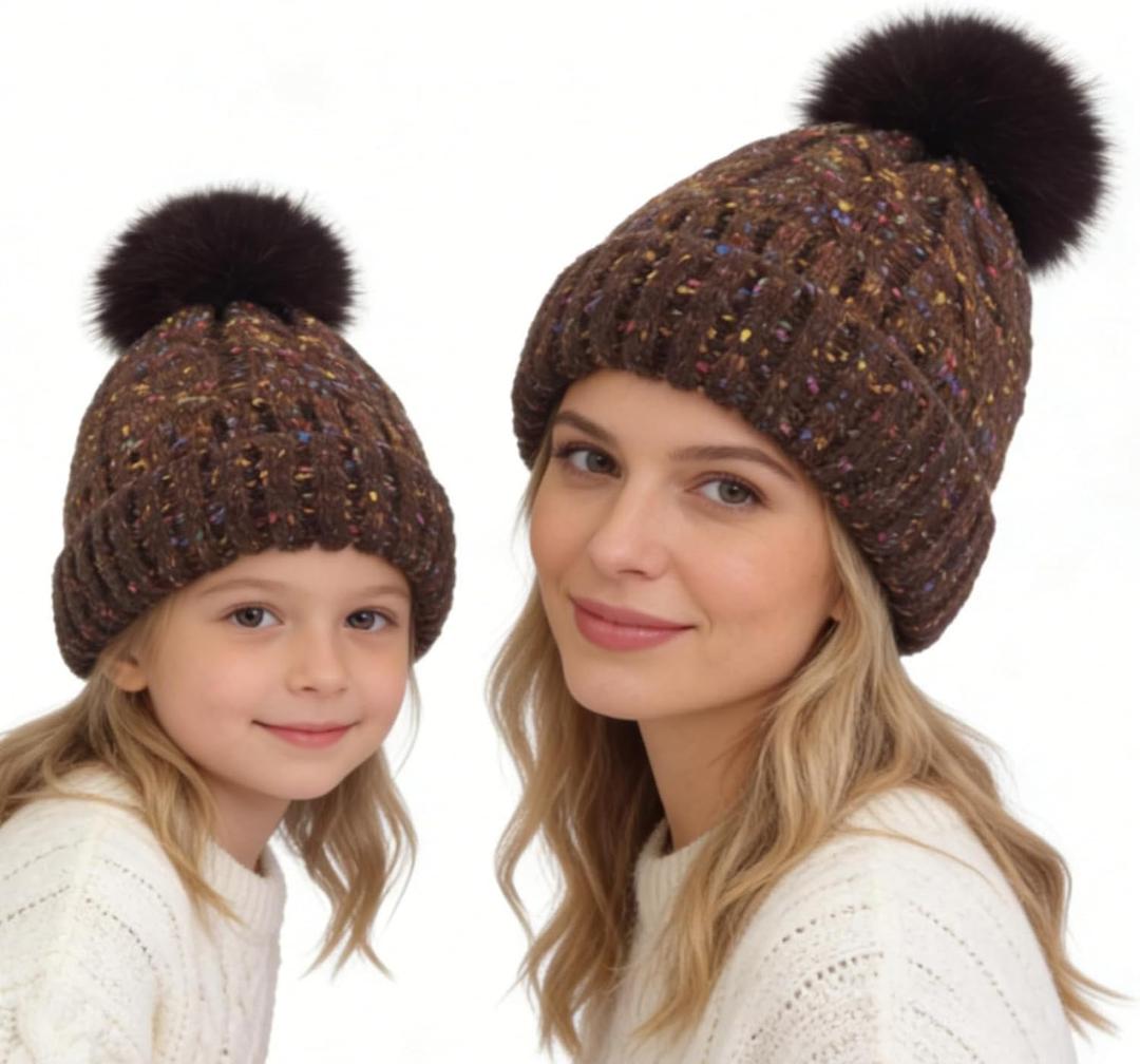 Winter Knit Beanie Hat for Girls Women Parent-Child with Faux Pom Warm Fleece Lined