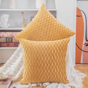 MADIZZ Set of 2 Super Soft Velvet Decorative Throw Pillow Covers 16x16 inch Gold Square with Texture Luxury Style Cushion Case Pillow Shell for Sofa Bedroom