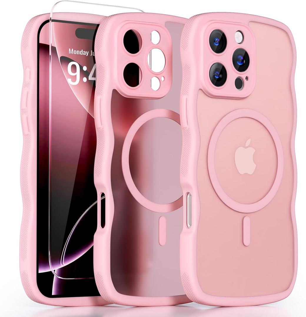 2 x QVLANG Case for iPhone 16 Pro Max, Cute Wave Cover Case, Upgraded[Full Camera Protection][Compatible with Magsafe][Military Grade Protection][Translucent Matte] Phone Case for Women Girls, Peach Pink