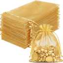 FUNFERY 100 Pcs Gold Organza Bags - 3x4 in, Small Mesh Drawstring Gift Bags for Sachet, Jewelry, Candy, Wedding Favor, Easter Day