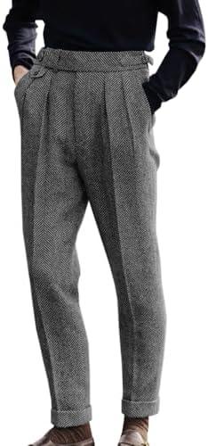 Men's High Waisted Tweed Dress Pants Pleated Front Vintage Wool Trousers Grey L