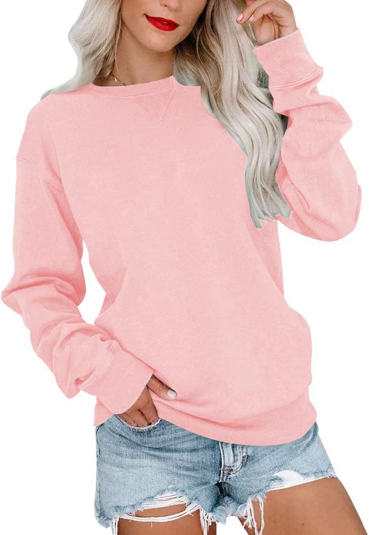 BeadChica Womens Casual Crewneck Sweatshirt Long Sleeve Tops Cute Pullover Loose Fit (Pink, L)