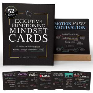 Executive Functioning Mindset Cards 52 Daily Habit Cards for Focus, Organization & Follow Through For Kids, Teens & Adults Includes Wooden Display Stand, Gift for Teachers and Parents