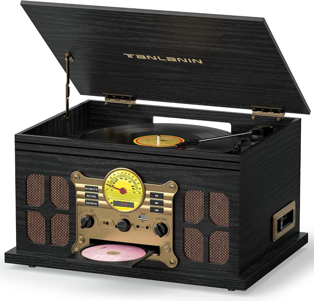 10-in-1 Bluetooth Record Player with Speakers, CD/Cassette, Black