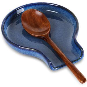 Spoon Rest - HAPPY KIT Blue Spoon Rest for Stove Top for Cooking Spoons Spatula Kitchen Decor Ceramic Spoon Holder for Kitchen Counter with Gift Box Ready