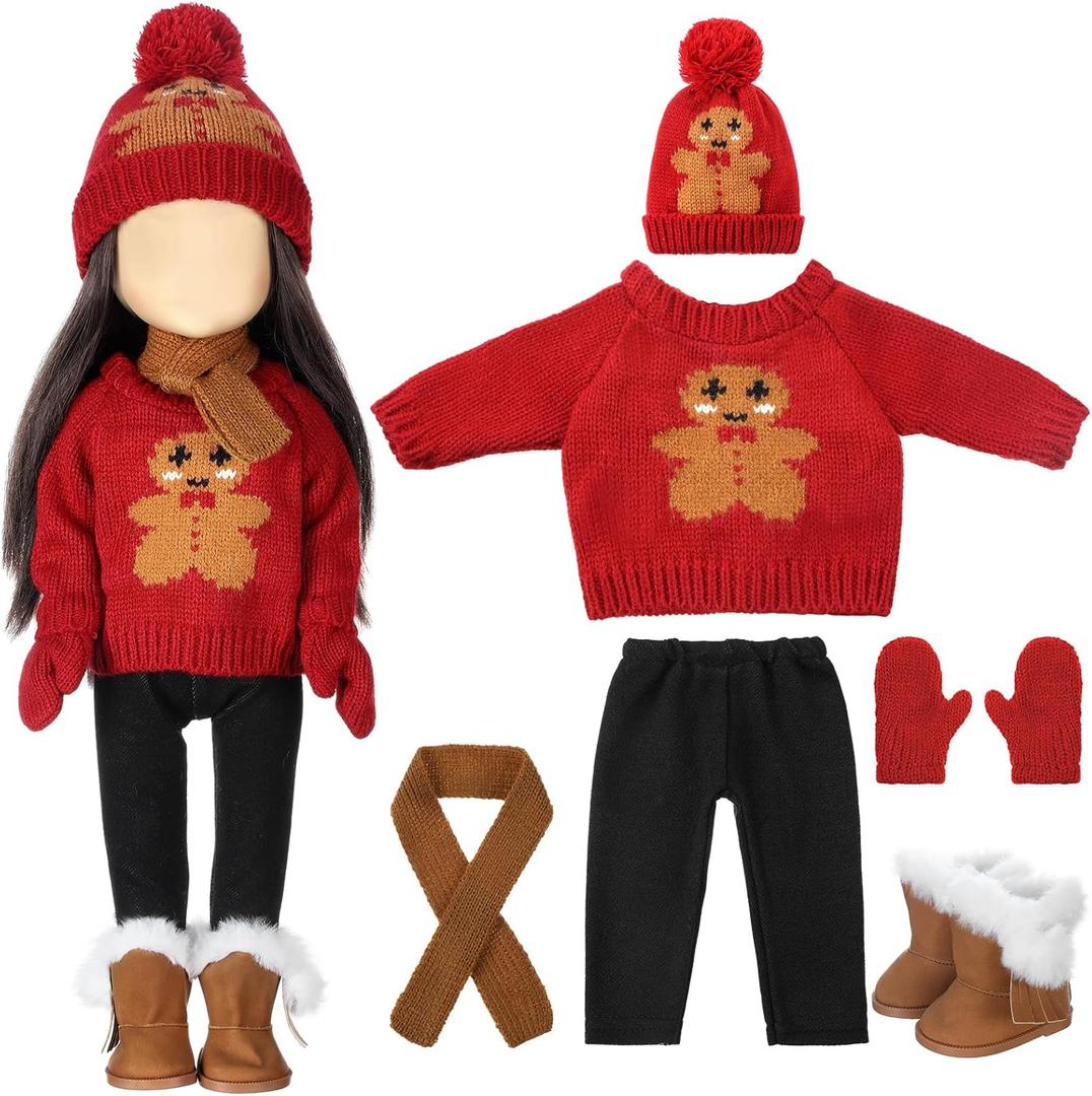 Fourluoo 6 Pcs Christmas 18 Inch Doll Clothes and Accessories Winter Outfits Set Sweaters Trousers Hats Shoes for 18 Inch Doll Gift(Red, Gingerbread)