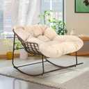YITAHOME Rocking Papasan Chair, Outdoor Oversized Saucer Chair with Foldable Frame & Comfy Cushion, Wicker Basket Moon Chair for Patio, Porch, Bedroom (Brown+Beige), 1PCS