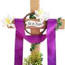 2 x Easter Wreaths for Front Door - He is Risen Wooden Cross Wreath with Hanging Flowers Christian Hanging Signs Decor for Lent Holy Week Spring Home Farmhouse Porch Church Wall