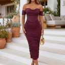 Women's Off the Shoulder Midi Dress Built-in Bra Ruched Corset Bodycon Formal Night Out Cocktail Party Dresses (Purple, M)