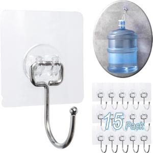 15 pack Large Adhesive Wall Hooks, Damage-Free Waterproof Rustproof 33Ib Max Heavy Duty Hanging Clear Seamless Sticky Utility Hooks, Towel Coat Hangers for Home, Kitchen, Bathroom (Round Head)