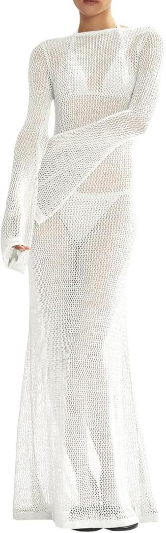 Saodimallsu Womens Crochet Cover Ups Long Sleeve Sexy Mesh Backless Knit Swimsuit Coverup Beach Maxi Dress (Medium, White)