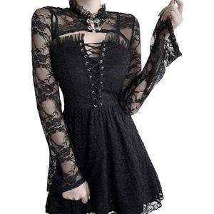 Women Goth Tops Punk Cover Ups Mesh Crop Top See Through Sexy Long Sleeve Blouse Y2k Black Rave Outfit Festival S