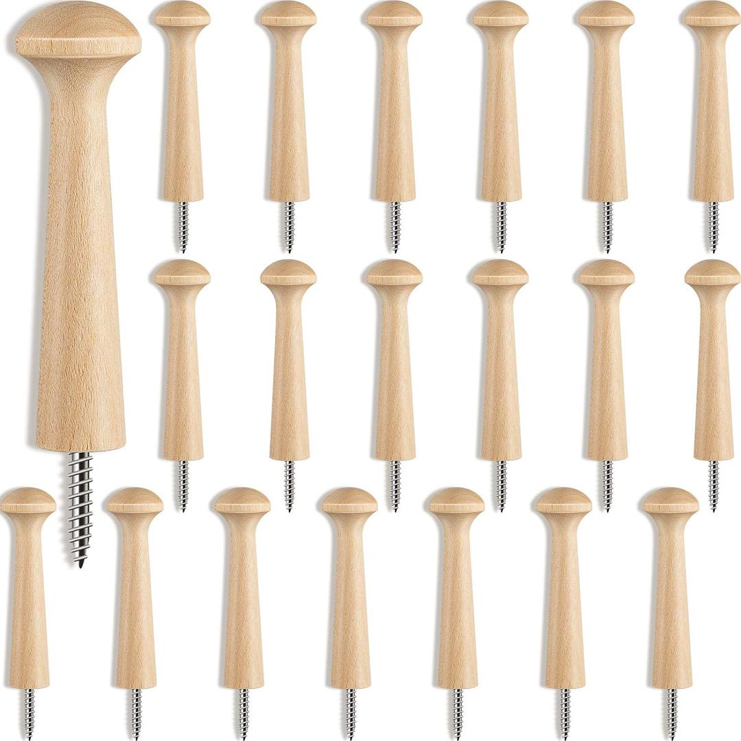 20 Pieces Wooden Shaker Peg Screw-on Pegs 2.9 Inch Long Unfinished Wood Shaker Racks for Hanging Clothes Hats Towel and More DIY Paint Color (Wood Color)