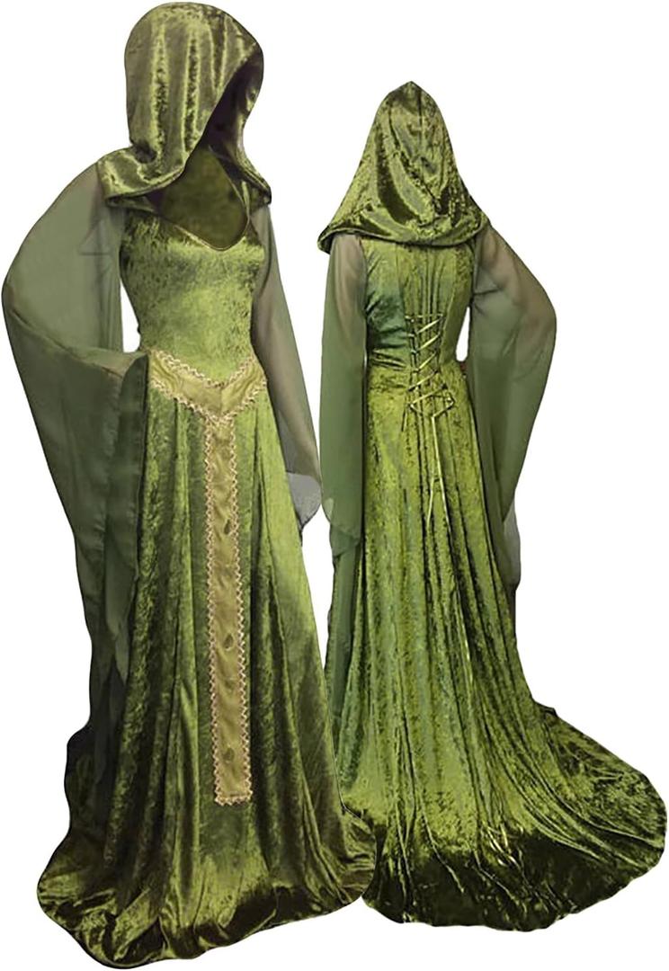 Women's Medieval Lace-up Vintage Hooded Cloak Robe Adult Costume Retro Cosplay Long Dress Halloween Party Costume (Green)
