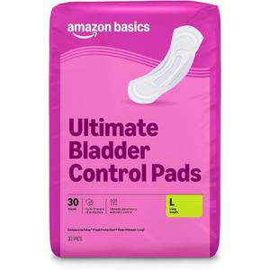 Amazon Basics Incontinence Pads for Women, Long, Postpartum, Bladder Control, Ultimate Absorbency, Fresh Protection, Unscented, 30 Count, 6 packs