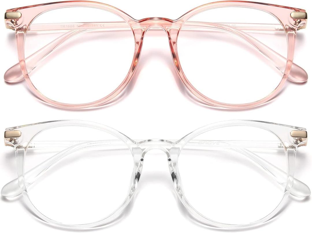 Gaoye 2 Pack Blue Light Blocking Glasses, Retro Round Eyewear Frame Anti Eyestrain Computer Glasses for Women Men - GY1688 (Pink+ Transparent)