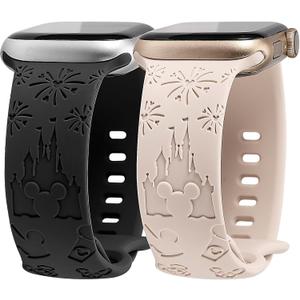 2 Packs Cartoon Bands Compatible with Apple Watch Bands 38/40/41/42/44/45/46/49mm Womens, Soft Silicone Cute Engraved Strap for iWatch Series 11 10 9 8 7 6 5 4 3 SE/Ultra 3 2 1 (Starlight & Black)