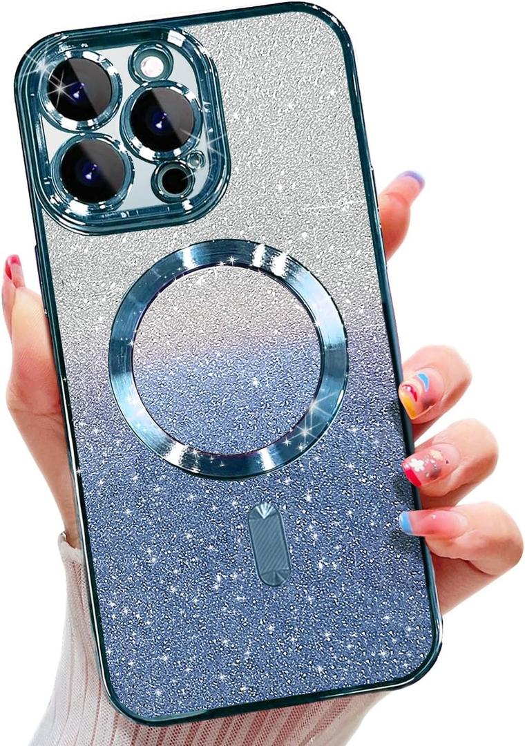 Misscase for iPhone 16 Pro Magnetic Glitter Case Compatible with MagSafe,Camera Lens Protector Full Protection Elegant Anti-Scratch Dust-Proof Net Case Cover for iPhone 16 Pro Blue