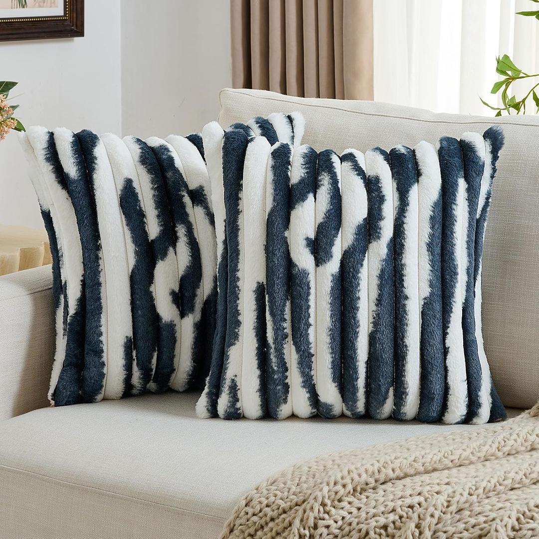FUTEI Pack of 2 Faux Fur Plush Throw Pillow Covers 24x24 Inch Soft Tie Dye Striped Textured Farmhouse Decorative European Cushion Covers Modern Home Decor for Couch Bed Living Room, Navy Blue White