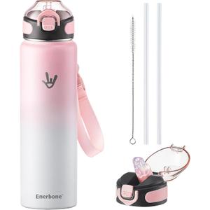 Enerbone 32 oz Insulated Water Bottle, Stainless Steel Bottle with Carrying Strap, Double-Wall Vacuum Insulation Design, Leakproof Sports Bottle with Straw, Keep Drinks Cold or Hot for Hours (Cotton)
