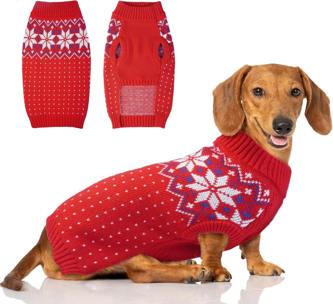 FUAMEY Dog Christmas Sweater - Warm Classic Snowflake New Year Turtleneck Sweater with Leash Hole for Small to Medium Dogs & Cats (Medium, Chest 17.3in)