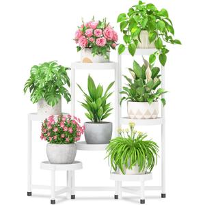 iDavosic.ly 7 Tier Folding Plant Stand Indoor Outdoor with Plastic Tray, Tiered Corner Flower Holder Shelf, Metal Orchid Display Rack for Patio Porch Living Room Garden Balcony, White