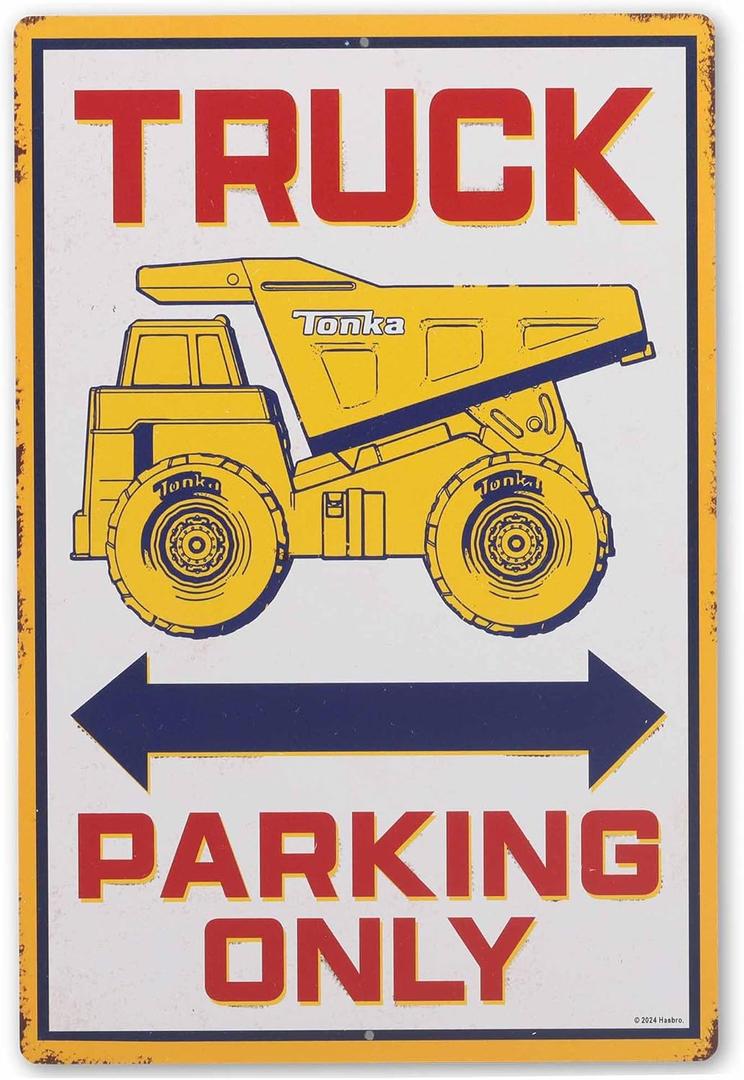 Hasbro Tonka Truck Parking Only Metal Sign - Fun Vintage Tonka Wall Decor for Kids' Bedroom or Garage (White/Yellow)