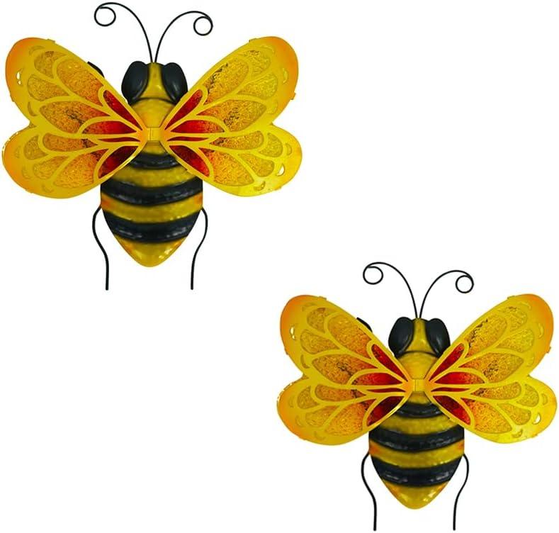 LIFFY Metal Bees Outdoor Decor, 2Pack 10 Inch Glass Bee Wall Art Sculptures for Home, Garden, Fence, Patio (2Pcs)