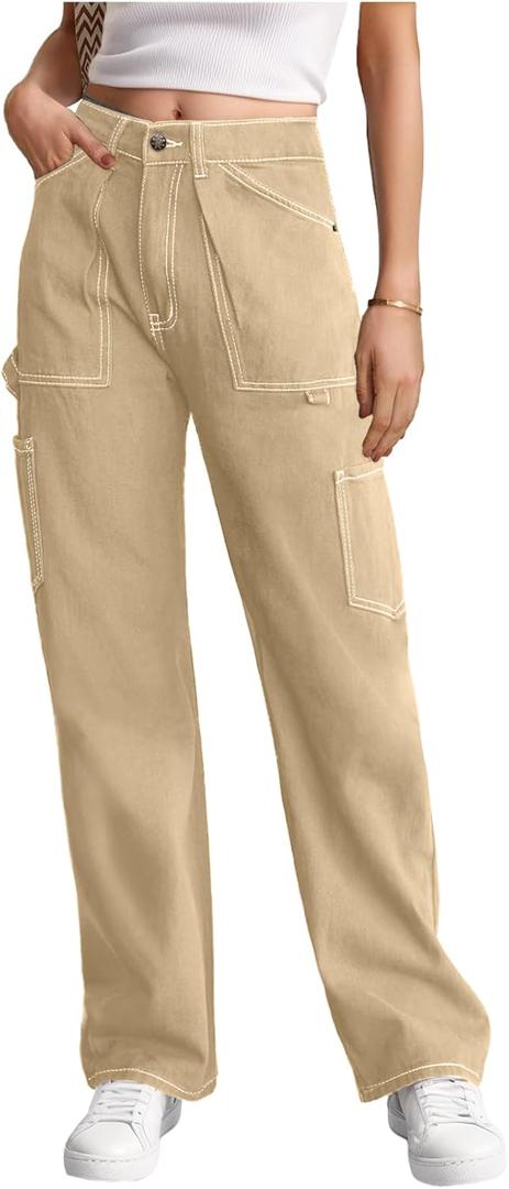 Cargo Pants Women High Waisted Wide Leg Casual Pants Baggy Stretchy Trousers Y2K Streetwear with 6 Pockets (Medium, Light Khaki)