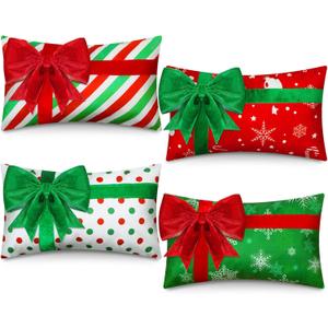 Kingdder Christmas Pillow Covers 12 x 20 Inch Set of 4 Farmhouse Xmas Throw Pillow Cases Gift Box Style Red Green White Snowflake Bow Decoration for Couch Holiday Sofa Cushion Decor