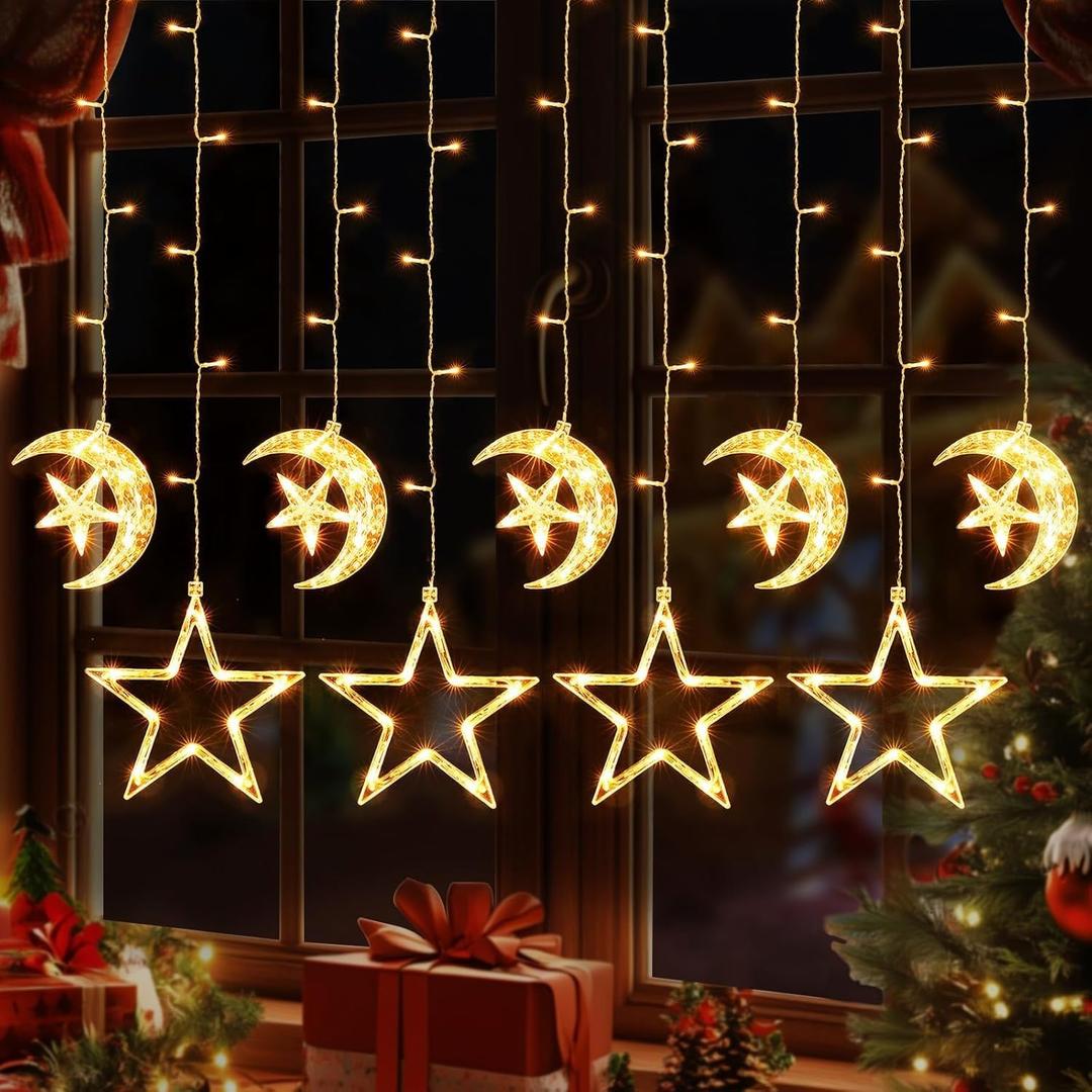 Quntis Battery Operated Window Christmas Lights, 125 LED Star Moon Curtain String Lights with Timer, 8 Modes Twinkle Xmas Decoration Light Indoor Hanging Backdrop for Bedroom Wall, Home, Warm White