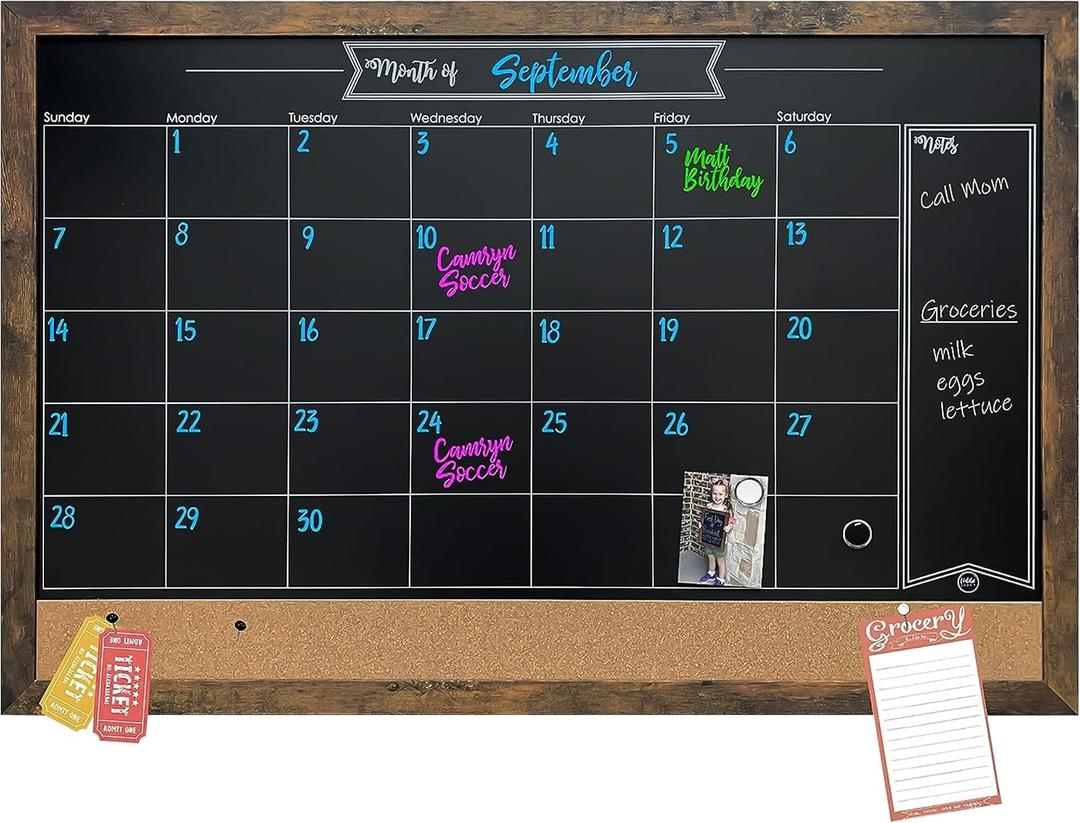 Loddie Doddie Framed Magnetic Chalkboard Calendar - 36 in x 24 in Alloy Steel Frame - Magnet Display for Photos & Notes - Chalkboard Calendar for Wall Organization - Menu Board for Kitchen Meals