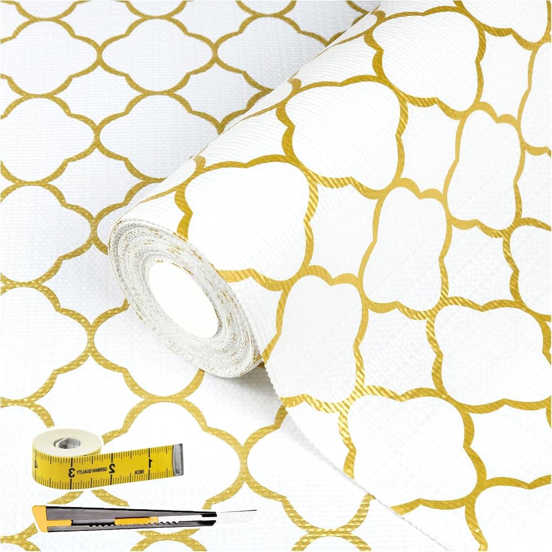 Shelf Liners for Kitchen Cabinets 23in x 20FT Non Adhesive Drawer Liner Gold Quatrefoil Thickened Shelf Liner Paper Strong Non-Slip Easy to Clean for Tool Box Refrigerator with Knife and Tape Measure, 23.6"W x 236.2"L