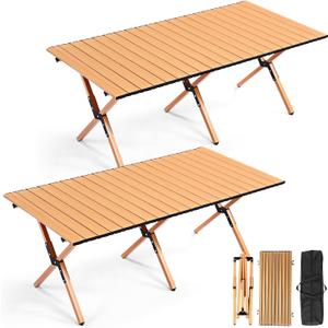 Suzile 2 Pack 4FT Folding Camping Table, Roll Up Portable Camp Table with Carry Bag, Low Collapsible Lightweight Aluminum Outdoor for Camping, Picnic, Beach, Patio, Kitchen (Yellow Wood Color)