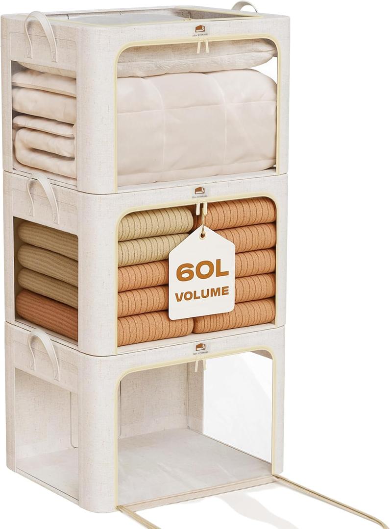 3Pack 60L Large Cloth Storage Bins with Metal Frame, Linen Storage Box with Clear Window, Stackable Sweater Storage for Closet, Clothes Containers for Comforters, Blankets, Quilts, T-shirt (Beige)